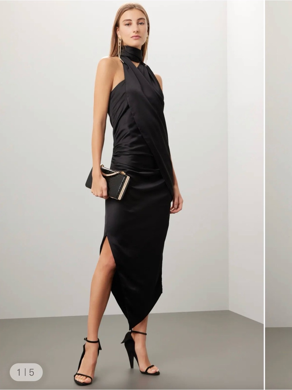 Arias New York Asymmetrical Black Satin Halter Midi Dress